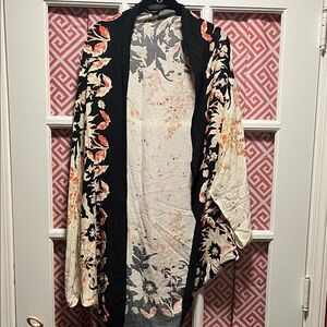Roffe Anthropologie Floral Open-Front Kimono Blouse - Black, Salmon & Cream O/S